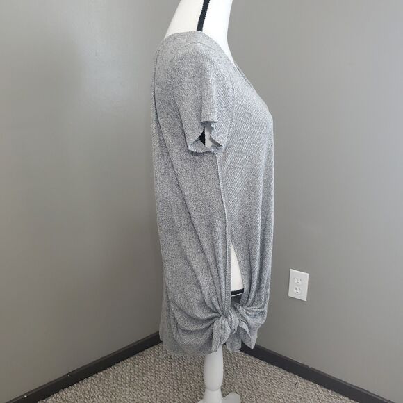 Free People Top Womens Size Large Gray Ribbed Short Sleeve Side Tie Slit Stretch - Picture 2 of 11